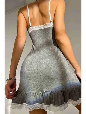 Merry See Dantelli İşleme Etek Büzgülü Penye Gecelik Gri Merry See MS2363 - Alternatif Görünüm