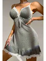 Dantelli İşleme Etek Büzgülü Penye Gecelik Gri Merry See MS2363 Gri farklı açı