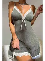 Dantelli İşleme Etek Büzgülü Penye Gecelik Gri Merry See MS2363 Gri görsel 5