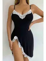 Asimetrik Kesim Derin Yırtmaçlı Fantazi Gecelik Siyah Merry See MS2224 Siyah