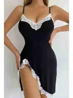 Asimetrik Kesim Derin Yırtmaçlı Fantazi Gecelik Siyah Merry See MS2224 Siyah görsel 4