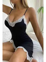 Asimetrik Kesim Derin Yırtmaçlı Fantazi Gecelik Siyah Merry See MS2224 Siyah görsel 7