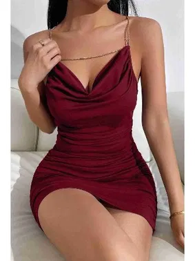 Merry See Gögüs Degajeli Sırtı Çapraz Zincir Büzgülü Elbise Merry See MS2226