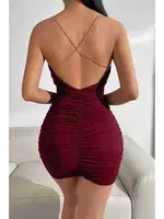 Gögüs Degajeli Sırtı Çapraz Zincir Büzgülü Elbise Merry See MS2226 Bordo detay görünüm