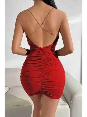 Merry See Degajeli Zincir Zincirli Büzgülü Fantazi Elbise Kırmızı Merry See MS2226 - Alternatif Görünüm