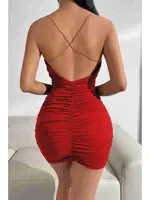 Degajeli Zincir Zincirli Büzgülü Fantazi Elbise Kırmızı Merry See MS2226 Kırmızı detay görünüm