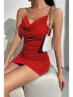 Degajeli Zincir Zincirli Büzgülü Fantazi Elbise Kırmızı Merry See MS2226 Kırmızı görsel 5