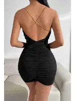 Zincirli Degaje Yaka Büzgülü Kısa Fantazi Elbise Siyah Merry See MS2226-Siyah Siyah detay görünüm