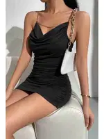 Zincirli Degaje Yaka Büzgülü Kısa Fantazi Elbise Siyah Merry See MS2226-Siyah Siyah görsel 6