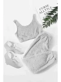Merry See Kalın Askılı Peluş Crop Polar Alt Üst Pijama Takımı Gri Merry See MS4065
