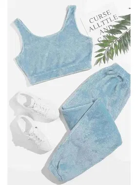 Merry See Crop Kolsuz Askılı Peluş Polar Alt Üst Pijama Takımı Mavi Merry See MS4065