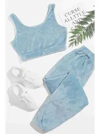 Merry See Crop Kolsuz Askılı Peluş Polar Alt Üst Pijama Takımı Mavi Merry See MS4065