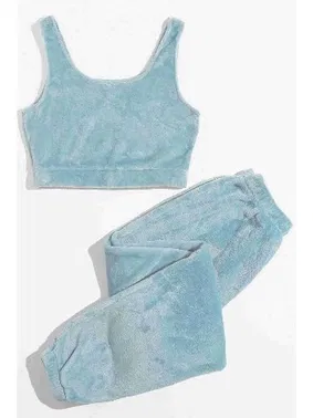 Merry See Crop Kolsuz Askılı Peluş Polar Alt Üst Pijama Takımı Mavi Merry See MS4065 - Alternatif Görünüm