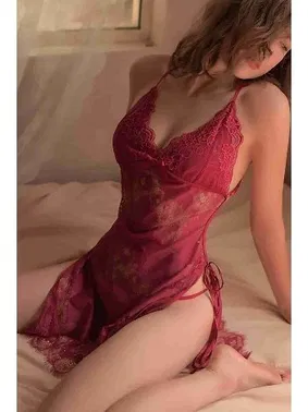 Merry See Sırt Dekolteli Dantel Gecelik Takımı Kırmızı Merry See 2215-Kırmızı