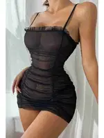 Fırfırlı Transparan Büzgülü Fantazi Gecelik Merry See MS2216 Siyah görsel 5