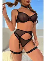 Tül Sütyen Külot Takım Jartiyerli Boğaz ve Bacak Aksesuarlı Siyah Merry See MS2675 Siyah