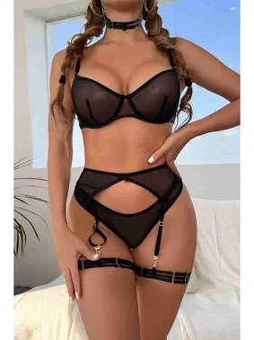 Merry See Tül Sütyen Külot Takım Jartiyerli Boğaz ve Bacak Aksesuarlı Siyah Merry See MS2675 - Alternatif Görünüm