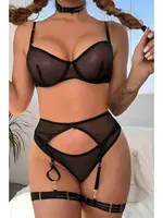 Tül Sütyen Külot Takım Jartiyerli Boğaz ve Bacak Aksesuarlı Siyah Merry See MS2675 Siyah görsel 4