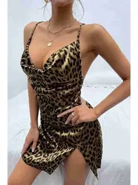 Merry See Yırtmaçlı Saten Leopar Gecelik Merry See MS2213