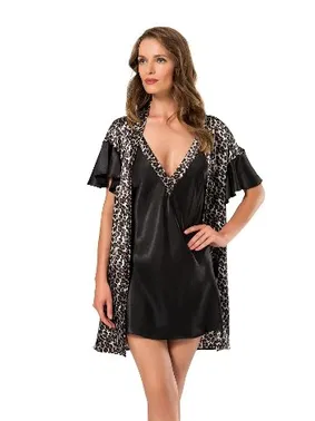 Moongirl Leopar Empirme Saten Kısa Gecelik Sabahlık Takım Moongirl 026