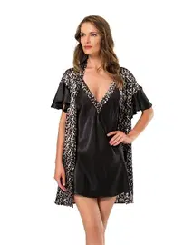 Moongirl Leopar Empirme Saten Kısa Gecelik Sabahlık Takım Moongirl 026