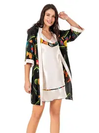 Moongirl Empirme Fakir Kol Saten Kısa Sabahlık Gecelik Takım Moongirl 065