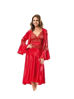 Moongirl Kırmızı Dantelli Saten Uzun Gecelik Takım Moongirl 2078
