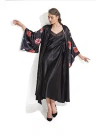 Moongirl Gül Desenli Saten Uzun Gecelik Sabahlık Takım Moongirl 216