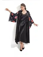 Gül Desenli Saten Uzun Gecelik Sabahlık Takım Moongirl 216 Siyah