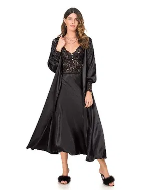 Moongirl Göğüs Kolları Dantel Saten Uzun Gecelik Sabahlık Takım Moongirl 256