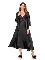 Göğüs Kolları Dantel Saten Uzun Gecelik Sabahlık Takım Moongirl 256 Siyah