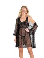 Puantiyeli Transparan kadın Gecelik Sabahlık Takım Moongirl 260 Siyah