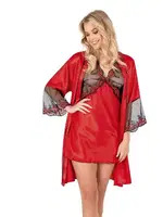 Geniş Kollu 2Li Tüllü Saten Gecelik Takım Moongirl 266 Kırmızı