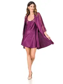 Moongirl Kısa Kolları Tül Saten Kısa Gecelik Sabahlık Takım Moongirl 273