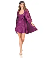 Kısa Kolları Tül Saten Kısa Gecelik Sabahlık Takım Moongirl 273 Mor