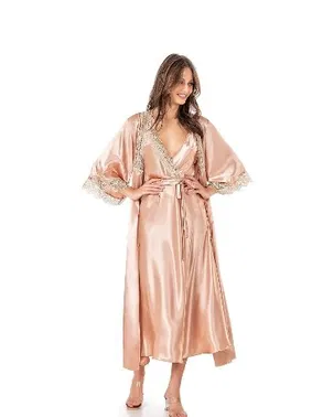 Moongirl Beli Bağlamalı Yarım Kol Saten Uzun Kadın Gecelik Takım Moongirl 500