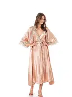 Beli Bağlamalı Yarım Kol Saten Uzun Kadın Gecelik Takım Moongirl 500 Pudra
