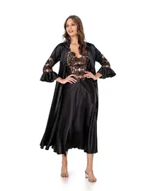 Moongirl Kolları Volanlı Saten Uzun Siyah Sabahlık Gecelik Takım Moongirl 502