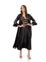 Kolları Volanlı Saten Uzun Siyah Sabahlık Gecelik Takım Moongirl 502 Siyah