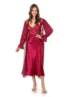 Kolları Büzgülü Dantel Sabahlık Saten Gecelik Takım Moongirl 506 Bordo
