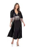 Balon Kollu Saten Uzun Gecelik Sabahlı Takım Moongirl 510 Siyah