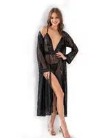 Göğüs Dekolteli Yırtmaçlı Saten Uzun Gecelik Takım Moongirl 513 Siyah detay görünüm