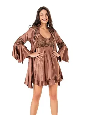 Moongirl Saten Güpürlü Fırfırlı Kısa Kadın Gecelik Sabahlık Takım Moongirl 518