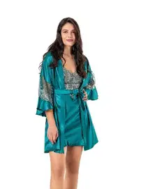 Moongirl Kuşaklı Tüllü Saten Kısa Gecelik Sabahlık Takım Moongirl 524