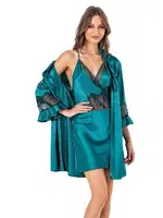 Kısa Sırt Dekolteli Saten Kadın Gecelik Takım Moongirl 528 Petrol