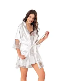 Moongirl Kuşaklı Saten Kısa Kadın Gecelik Takım Moongirl 596
