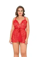 Göğsü Fırfırlı Büyük Beden Fantazi Kadın Tül Gecelik Moongirl MNL10025 Kırmızı