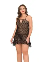 Yakası Transparan Büyük Beden Fantazi Tül Gecelik Moongirl MNL10050 Siyah detay görünüm