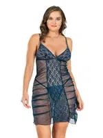 Yanları Büzgülü Kadın Büyük Beden Tül Gecelik Moongirl MNL10095 Petrol detay görünüm