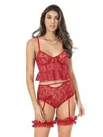 Dantel Yüksek Bel Askılı Kadın Fantazi Büstiyer Takım Moongirl ST-435 Kırmızı
